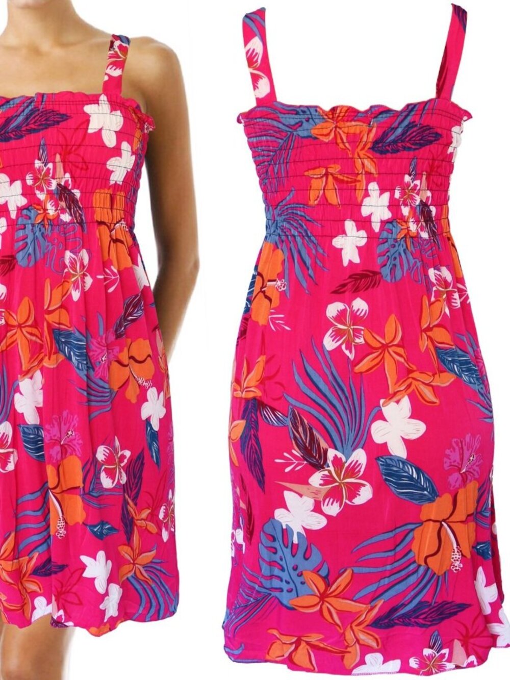 Flower Summer Sundress Women Hawaiian Beach Cover Up Sleeveless Smocked Dress
